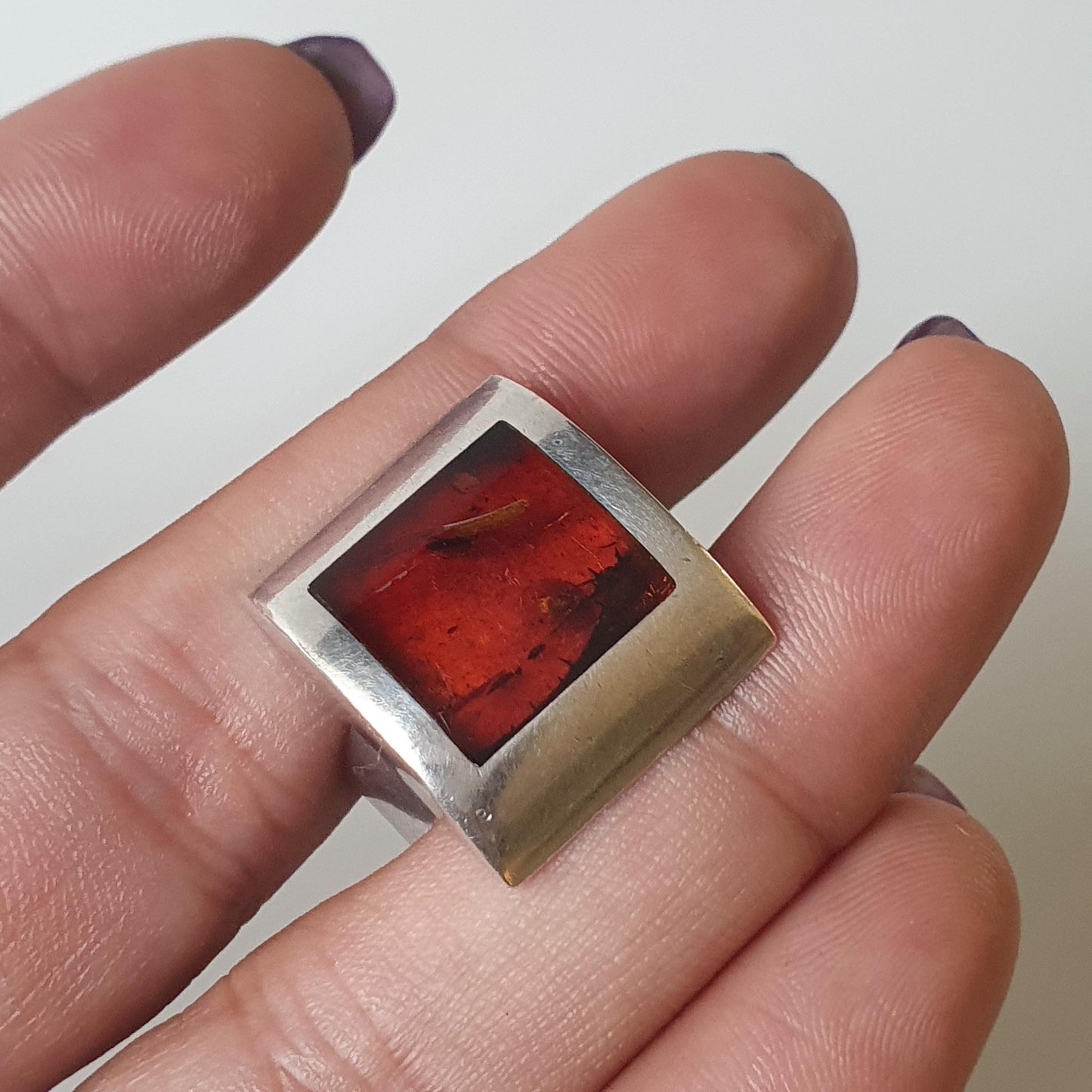 Fiery Elegant Handcrafted Burnt Orange Sterling Silver Ring, Hallmarked, Square,Minimalist Flame, Sleek Modern Jewellery great Gifting.