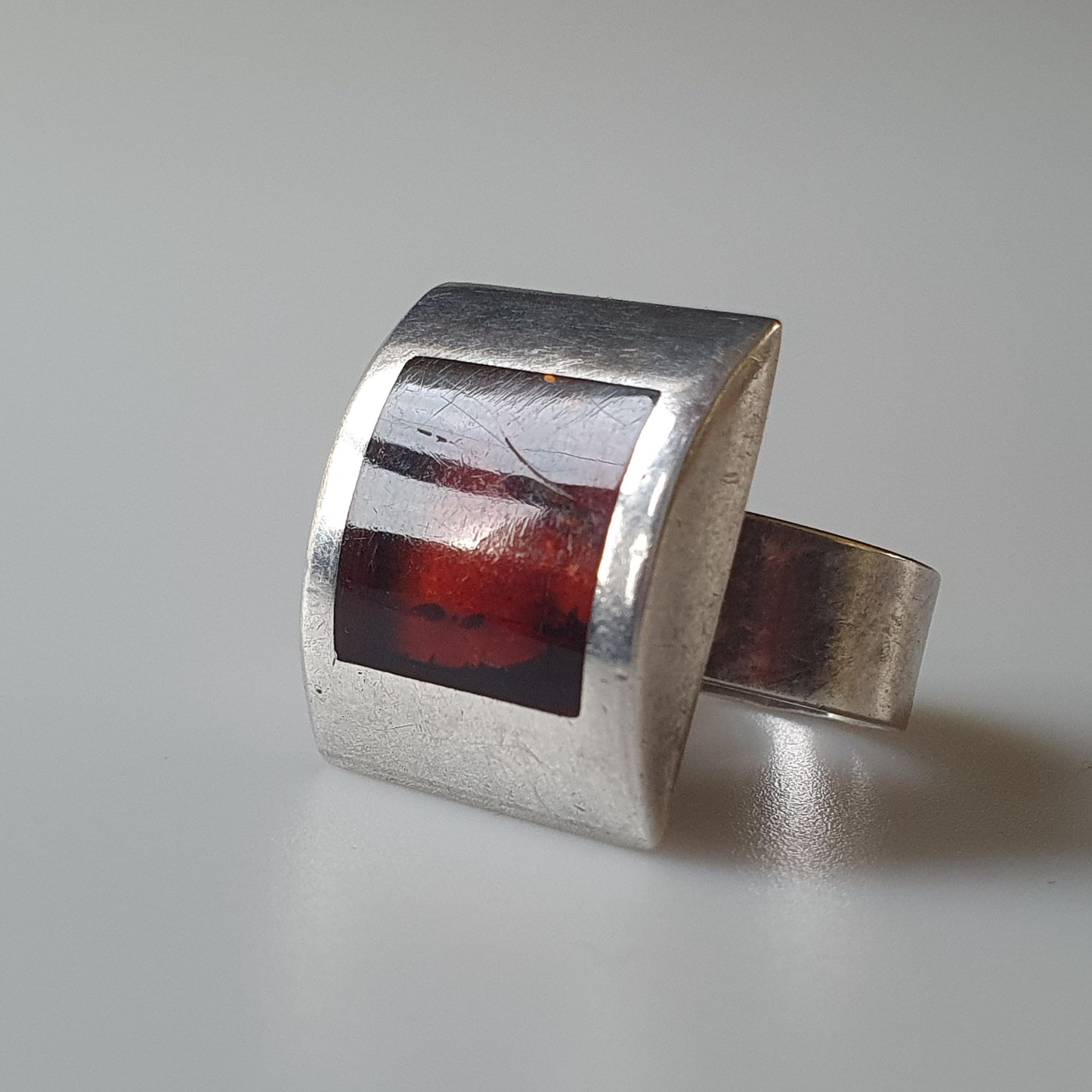 Fiery Elegant Handcrafted Burnt Orange Sterling Silver Ring, Hallmarked, Square,Minimalist Flame, Sleek Modern Jewellery great Gifting.