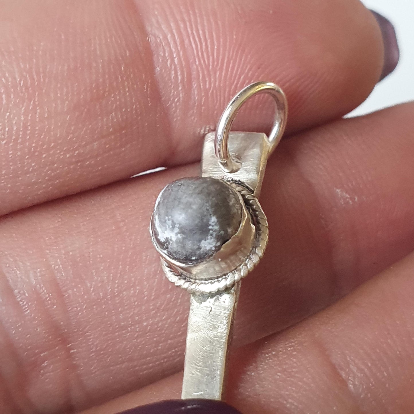 Unique Quirky Strange Pendant with a Grey Bead, Solid Sterling Silver Stamped Lightweight Design, Upcycled Vegan Recycled Jewelry, Charms