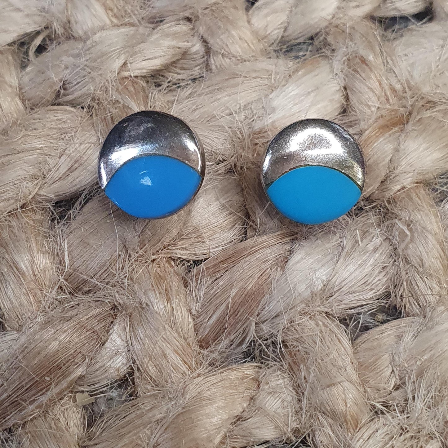 Half Turquoise Half Solid Sterling Silver 925 Crescent Moon Stud Earrings, 1cm Circular Celestial Blue Gemstone Jewellery, Eye Catching