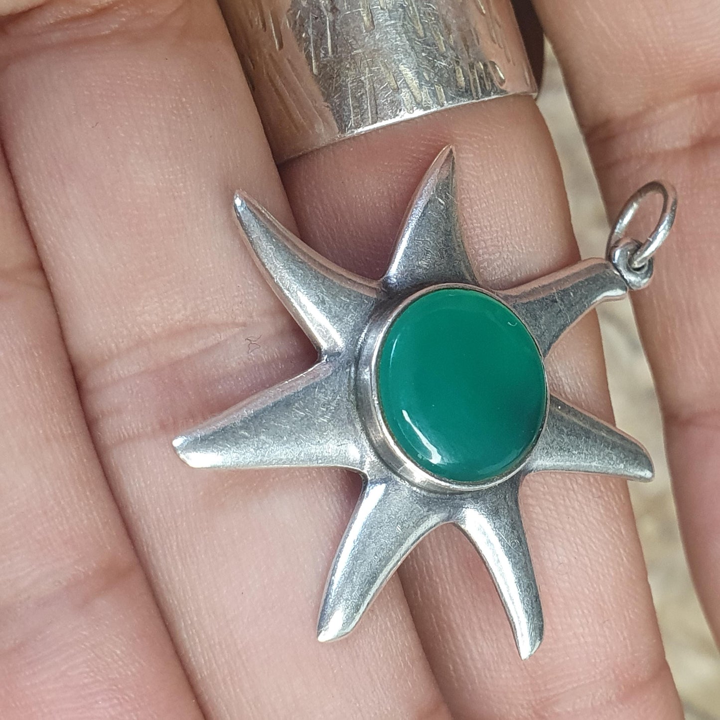 Green Strar in Sterling Silver 925 , Moon Sun Celestial Jewelry, Onyx Gemstone Pendant, Boho Chic Jewelry Collection, Stackable and Quirky