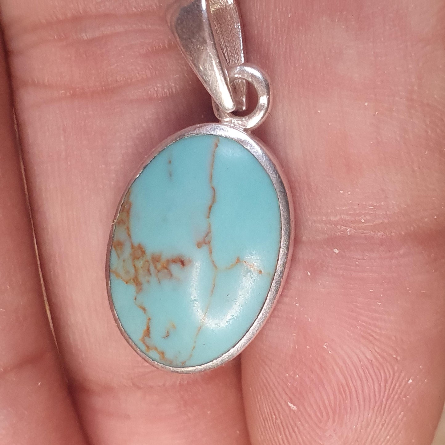 Beautiful Oval Turquoise Gemstone Pendant Pale Blue, Sterling Silver Dainty Everyday Wear, Casual Stylish and Stackable, 30mm Unique Jewelry