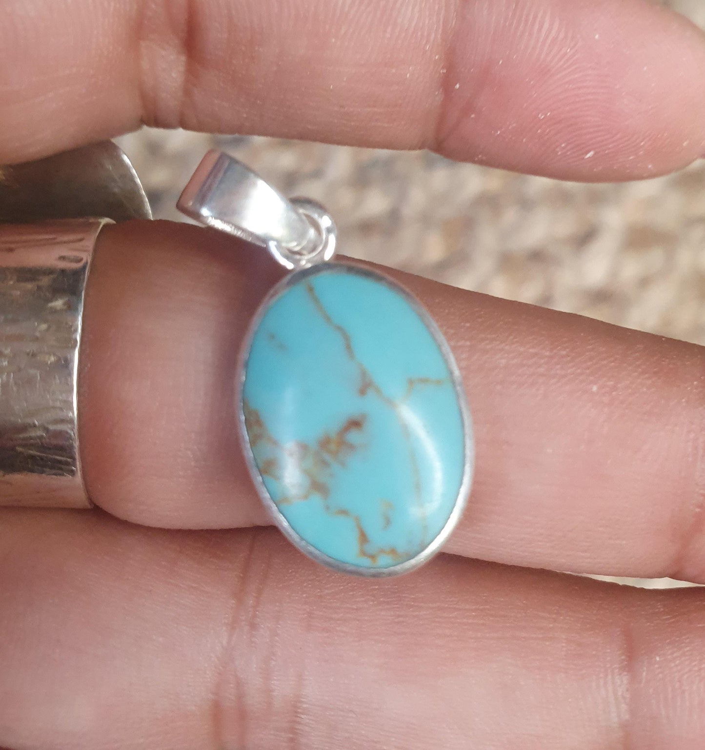 Beautiful Oval Turquoise Gemstone Pendant Pale Blue, Sterling Silver Dainty Everyday Wear, Casual Stylish and Stackable, 30mm Unique Jewelry