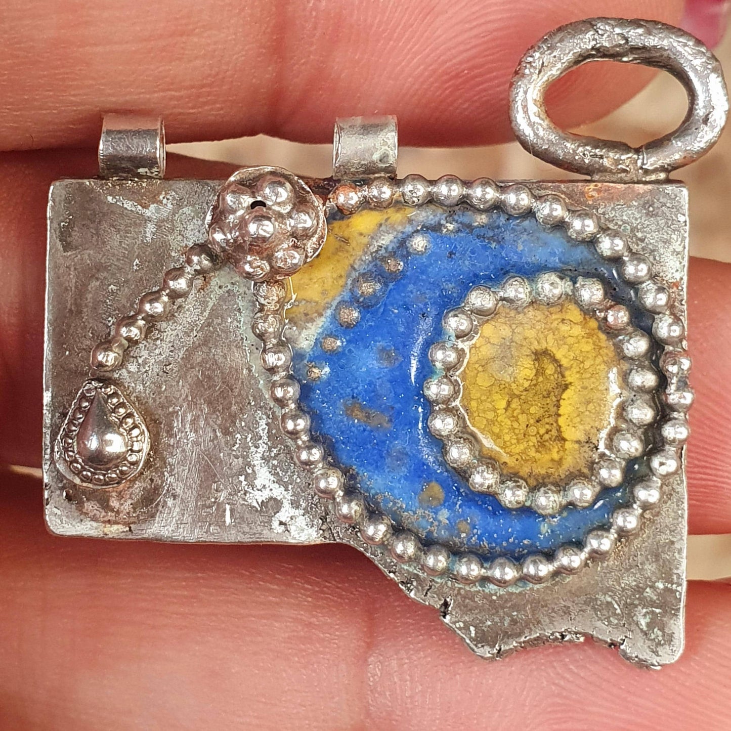 Handmade Ethnic Unique Rare Sterling Silver 925 Pendant, Blue and Yellow French Enamelling and Fine Silver Wire Work, Statement Expression