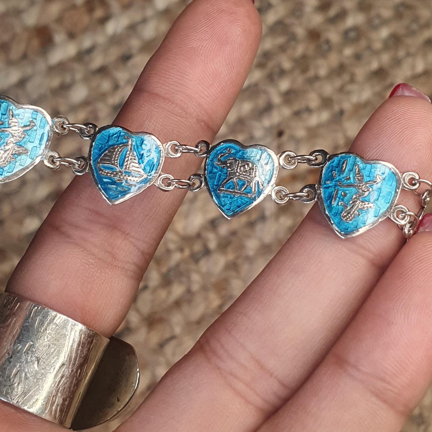 Vintage 1970,s Siam Bracelet with Sea Blue Enamel, Love Heart Chain Bracelet Gifts, Goddess Figurine,Nautical ,Boats, Elephant, 18.5cm long