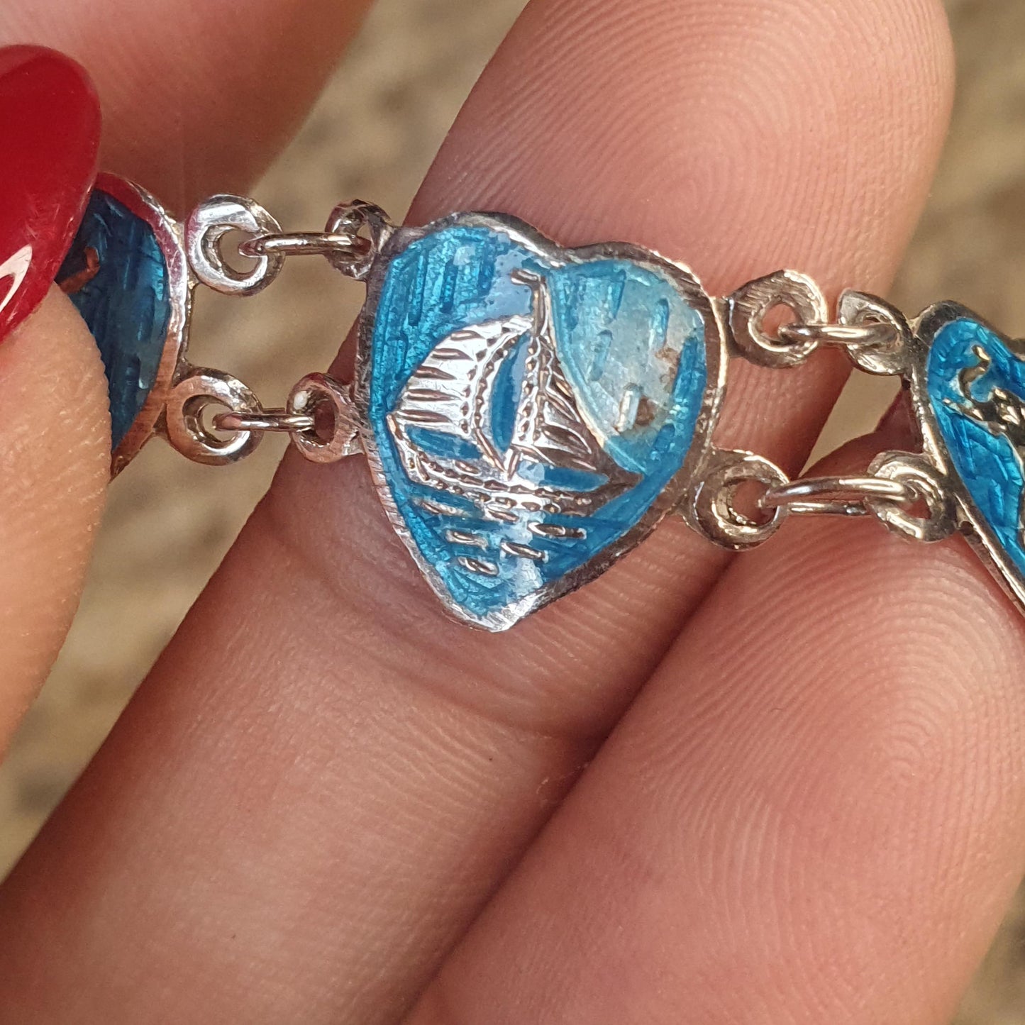 Vintage 1970,s Siam Bracelet with Sea Blue Enamel, Love Heart Chain Bracelet Gifts, Goddess Figurine,Nautical ,Boats, Elephant, 18.5cm long