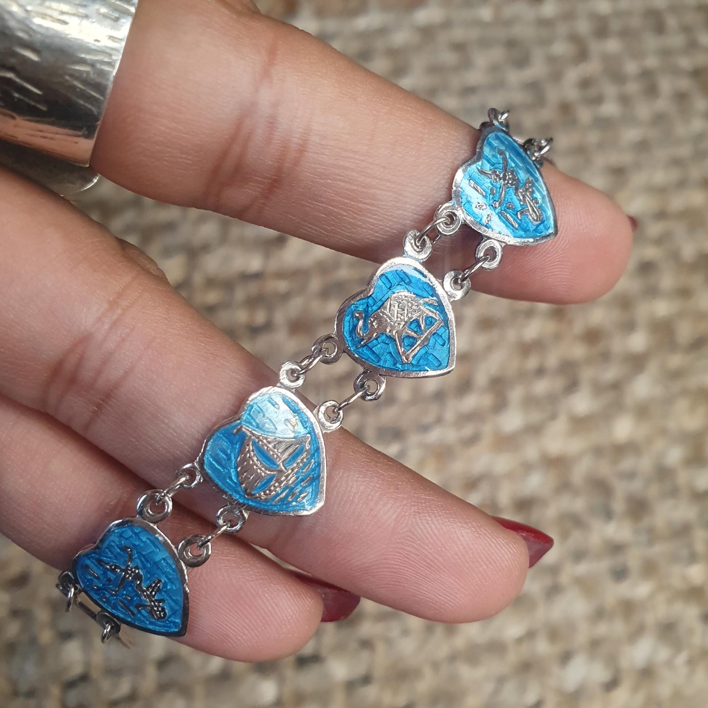 Vintage 1970,s Siam Bracelet with Sea Blue Enamel, Love Heart Chain Bracelet Gifts, Goddess Figurine,Nautical ,Boats, Elephant, 18.5cm long