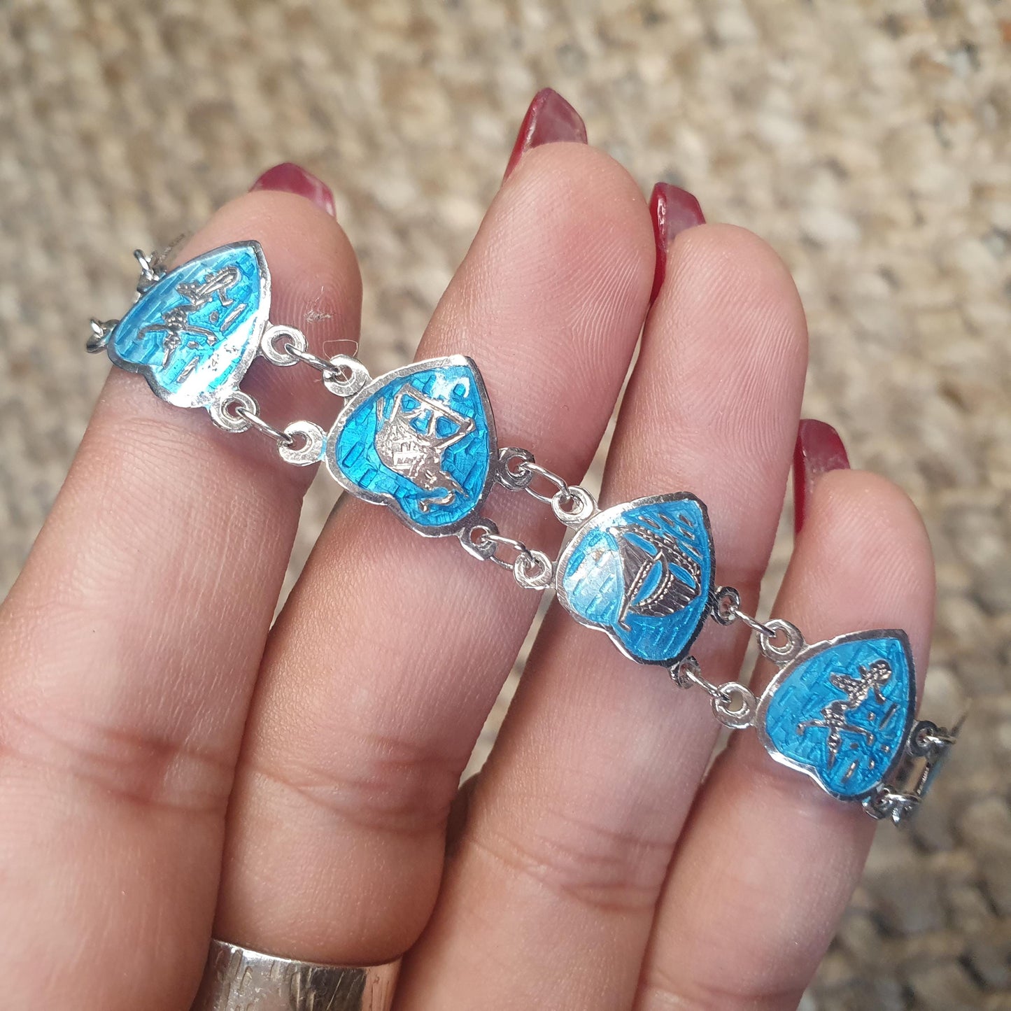 Vintage 1970,s Siam Bracelet with Sea Blue Enamel, Love Heart Chain Bracelet Gifts, Goddess Figurine,Nautical ,Boats, Elephant, 18.5cm long