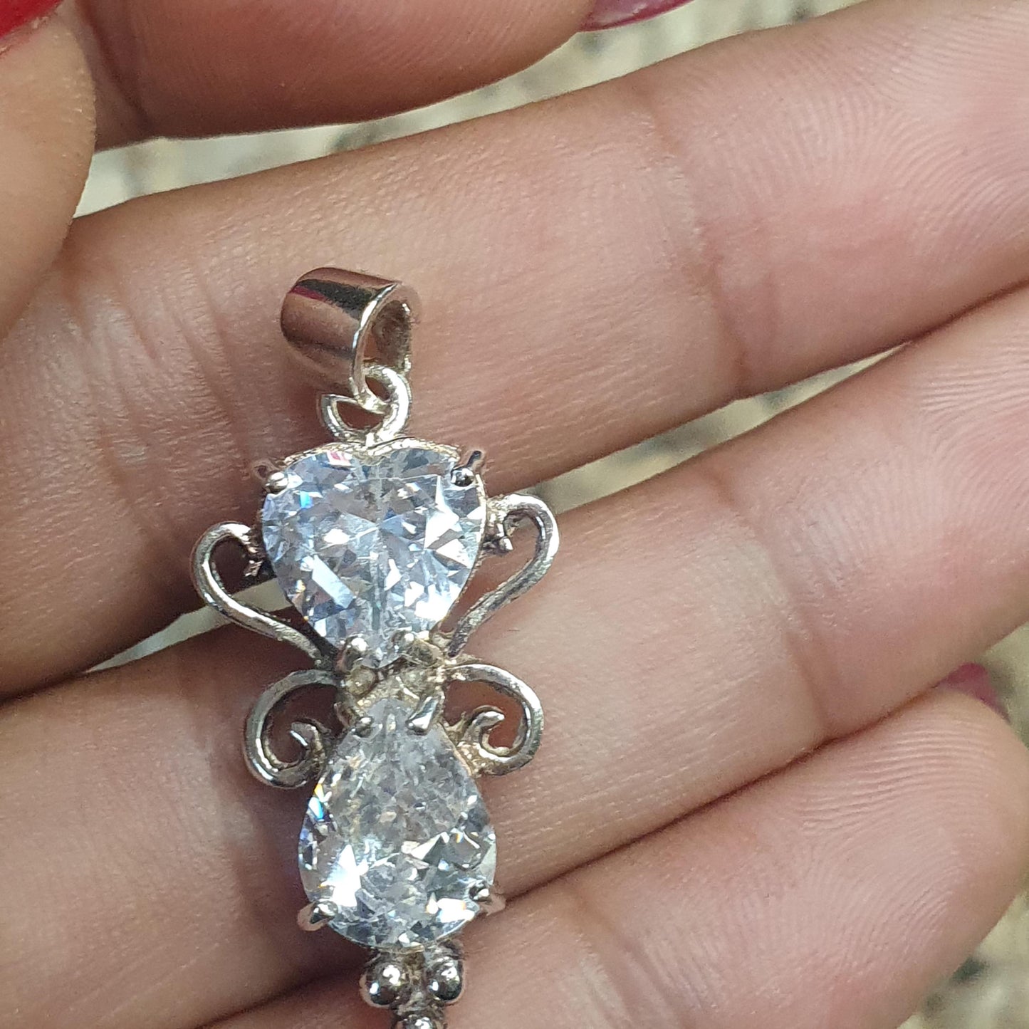 Cubic Zirconia Heart and Tear Drop Pendant in Sterling Silver 925, Butterfly Style,Lovers Gifts,Dainty Charms, Glitz and Glamour