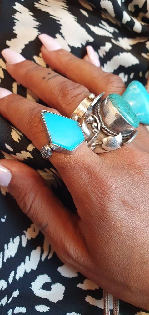 Turquoise ring, triangle ring, tribal ring, aztec ring, silver ring, gifts, sterling silver rings , hexagonal abstract ring.