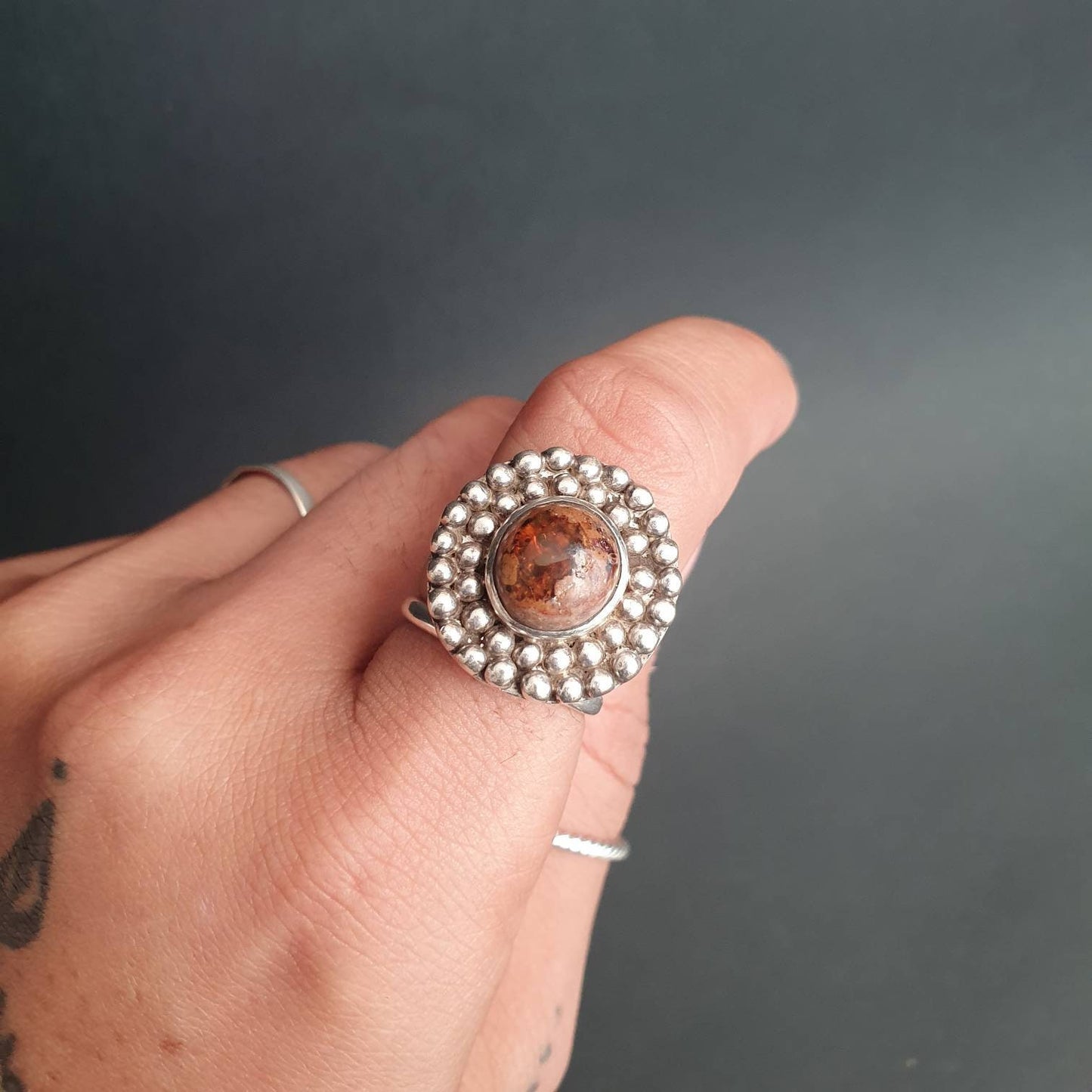Silver Statement ring, Round ring ball ring, studded ring, textured ring,cantera opal