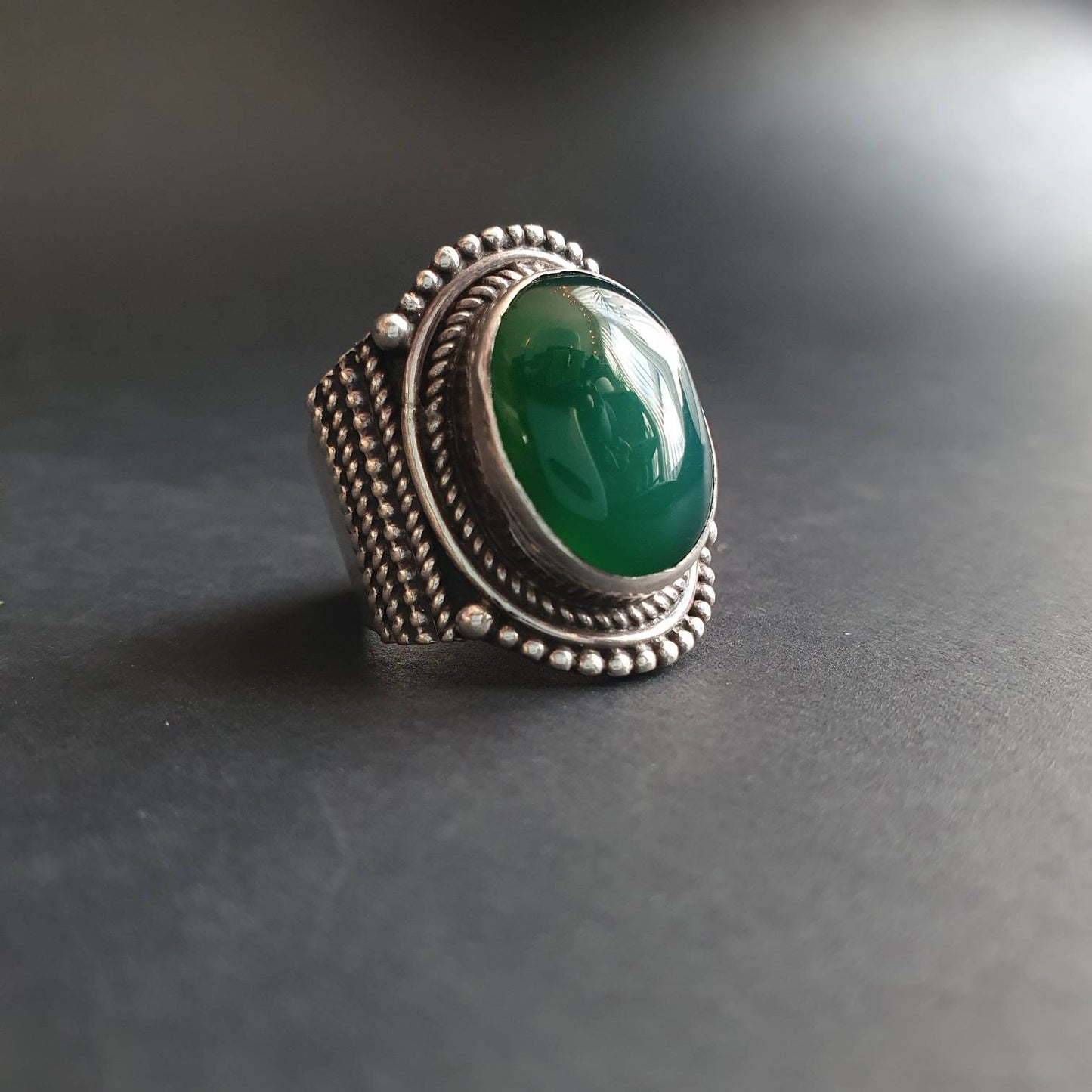 Old Pawn Midnight Green onyx Sterling Ring, Chunky statement boho ring, silver ring, statement ring, unisex ring, modernist gift's