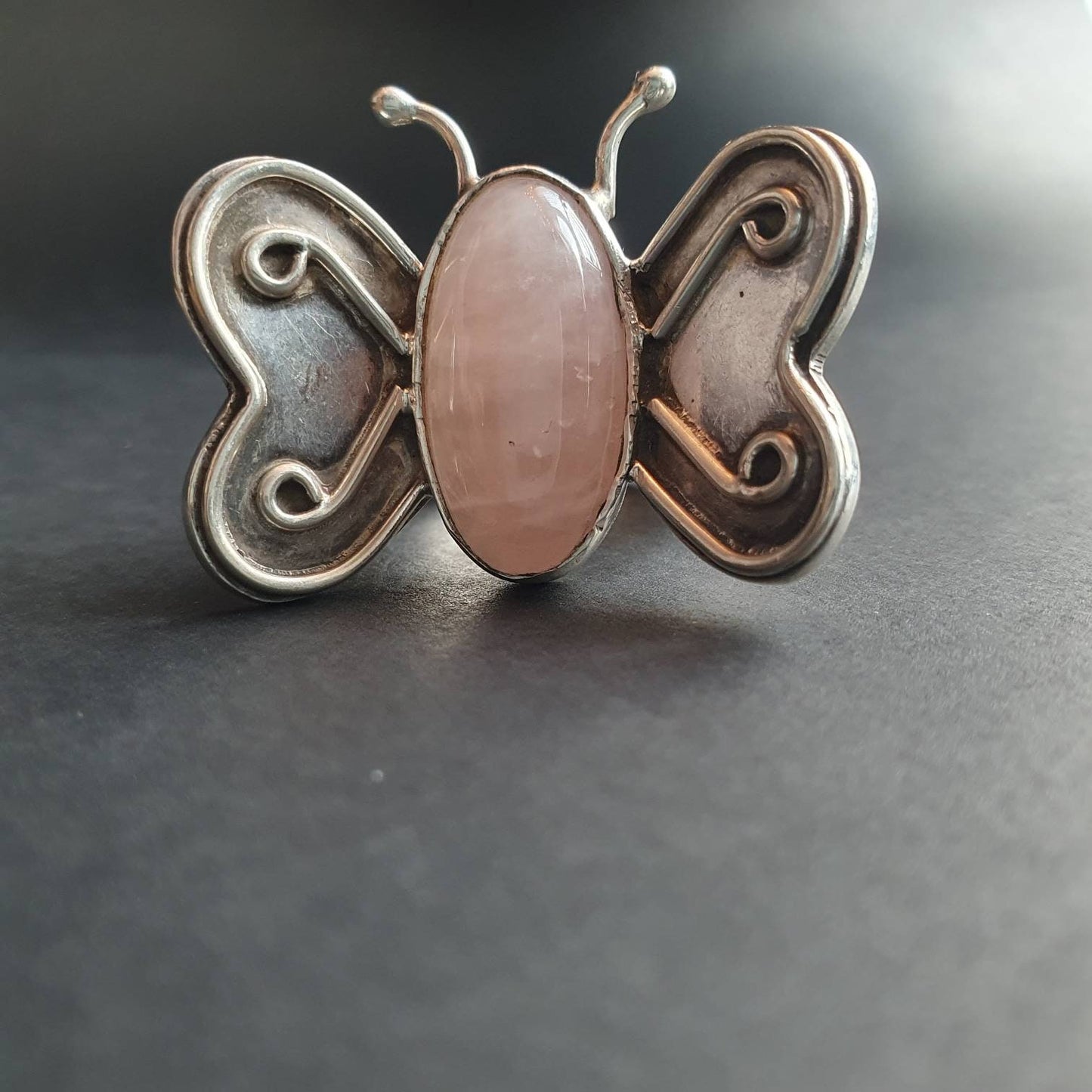 Butterfly jewellery, Butterfly ring rose quartz gemstone, sterling silver Butterfly large chunky statement ring, funky vibe eccentric style