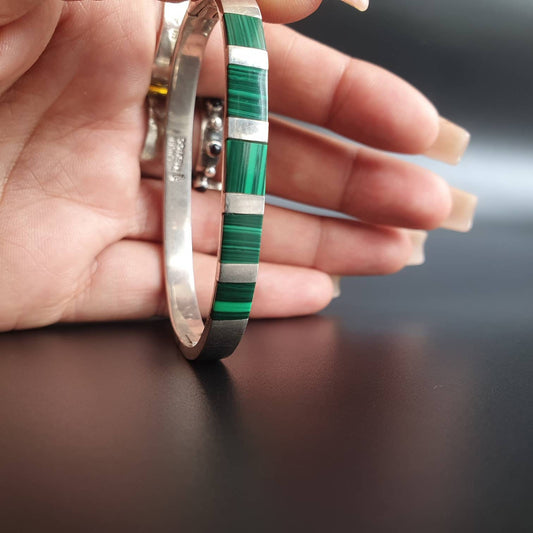 Beautiful Heavy Sterling Hinged Bracelet With Malachite Gemstone, Bangle with Malachite, Gifts for all,  Statement Stackable Bangle