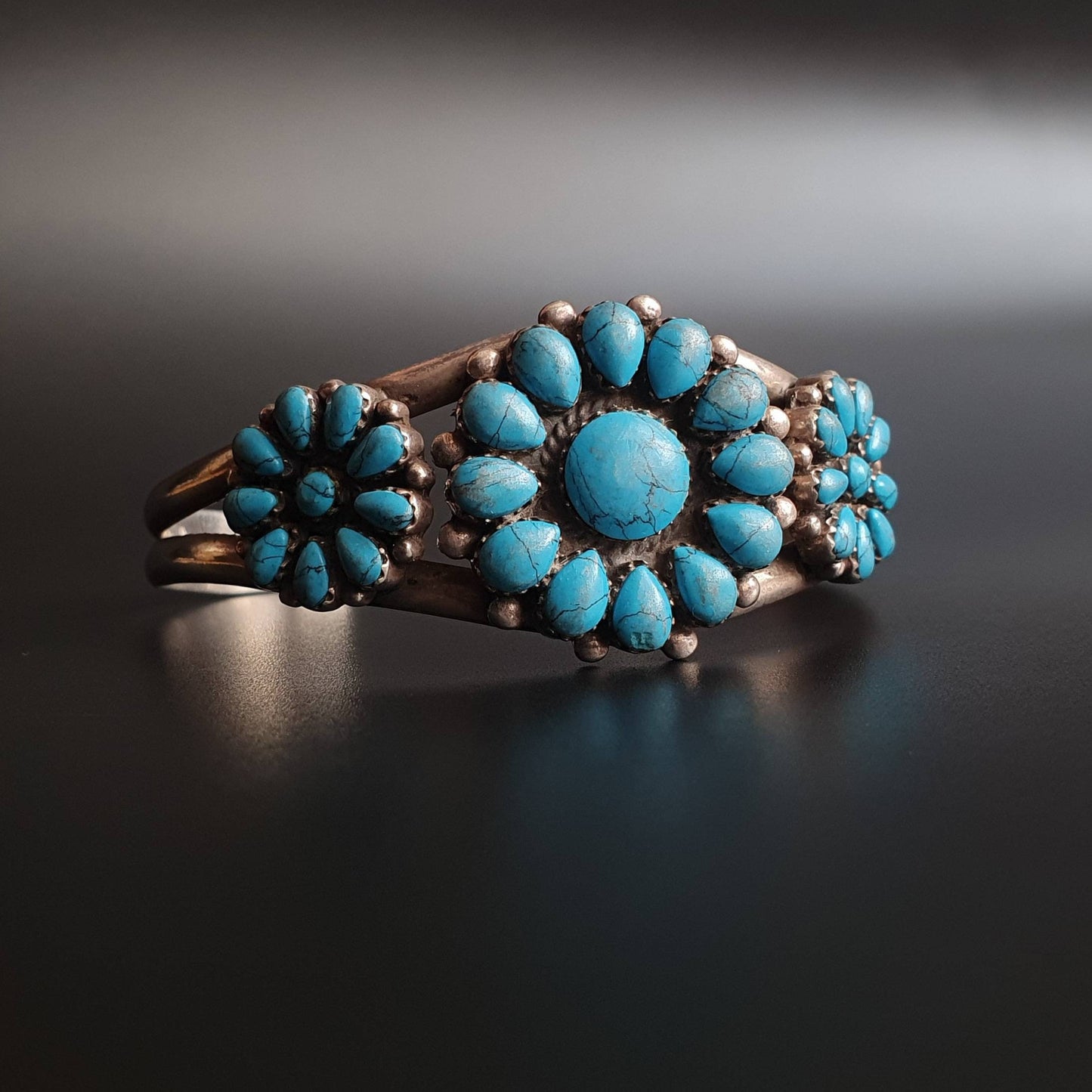 Navajo cuff bangle braclet, vintage cluster zunni turquoise cuff bangle Native American Sterling Silver old turquoise bangle cuff bracelet