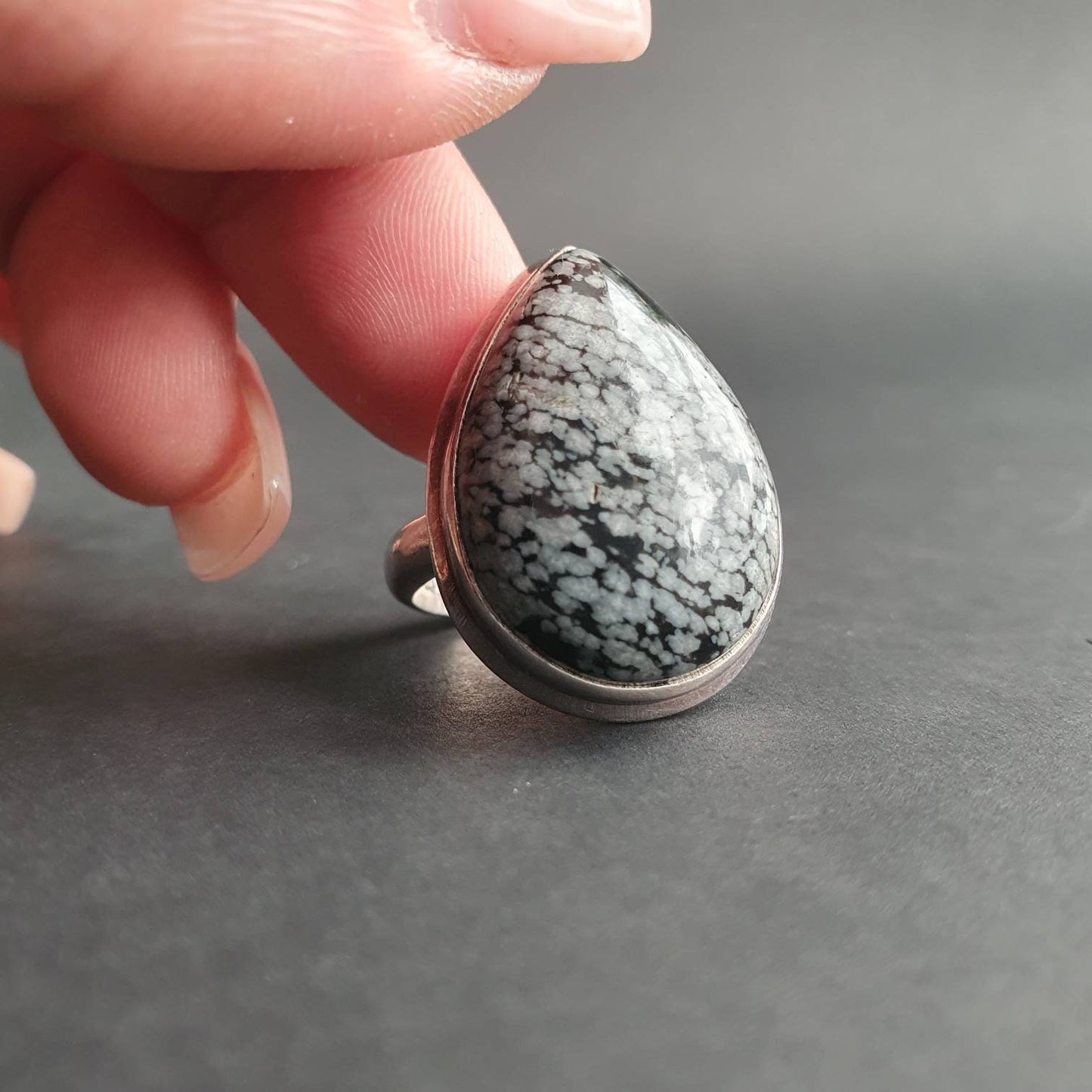Snowflake Obsidian Ring, Silver Ring Sterling Silver 925 Silver Jewellery Womens Ring Adjustable Ring Womens, Unisex