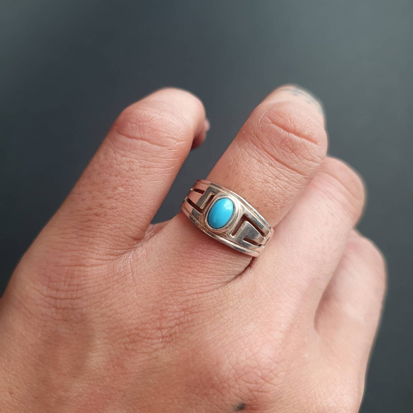 Band Ring, Navajo Turquoise Gemstone Ring, Sterling Silver Statement Ring Sleeping Beauty Dainty American Indian ring Greek Design Ring