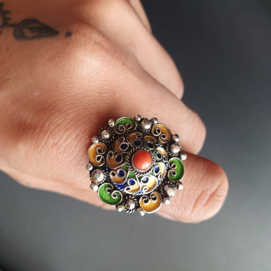 Statement ring, sterling silver ring, enamel ring, sterling silver jewellery, gift's, vintage, handmade, ethnic, tribal jewelry,