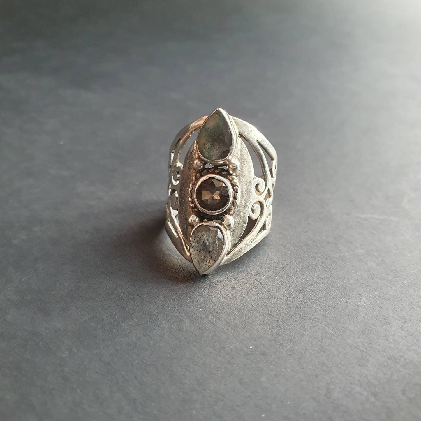 Citrine smoky quartz triple gemstone ring, filigree ring sterling silver Statement ring healing witchy gothic cult ring, Boho hippi ring