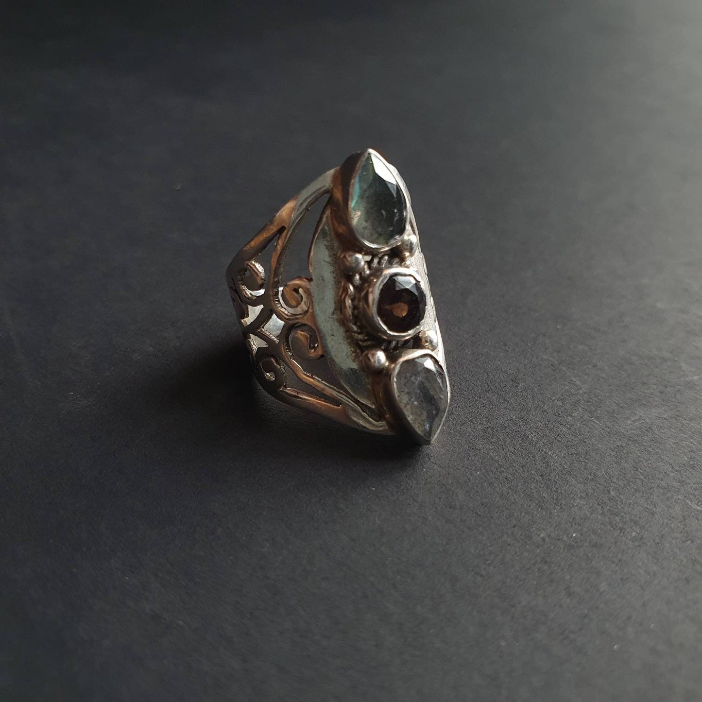 Citrine smoky quartz triple gemstone ring, filigree ring sterling silver Statement ring healing witchy gothic cult ring, Boho hippi ring