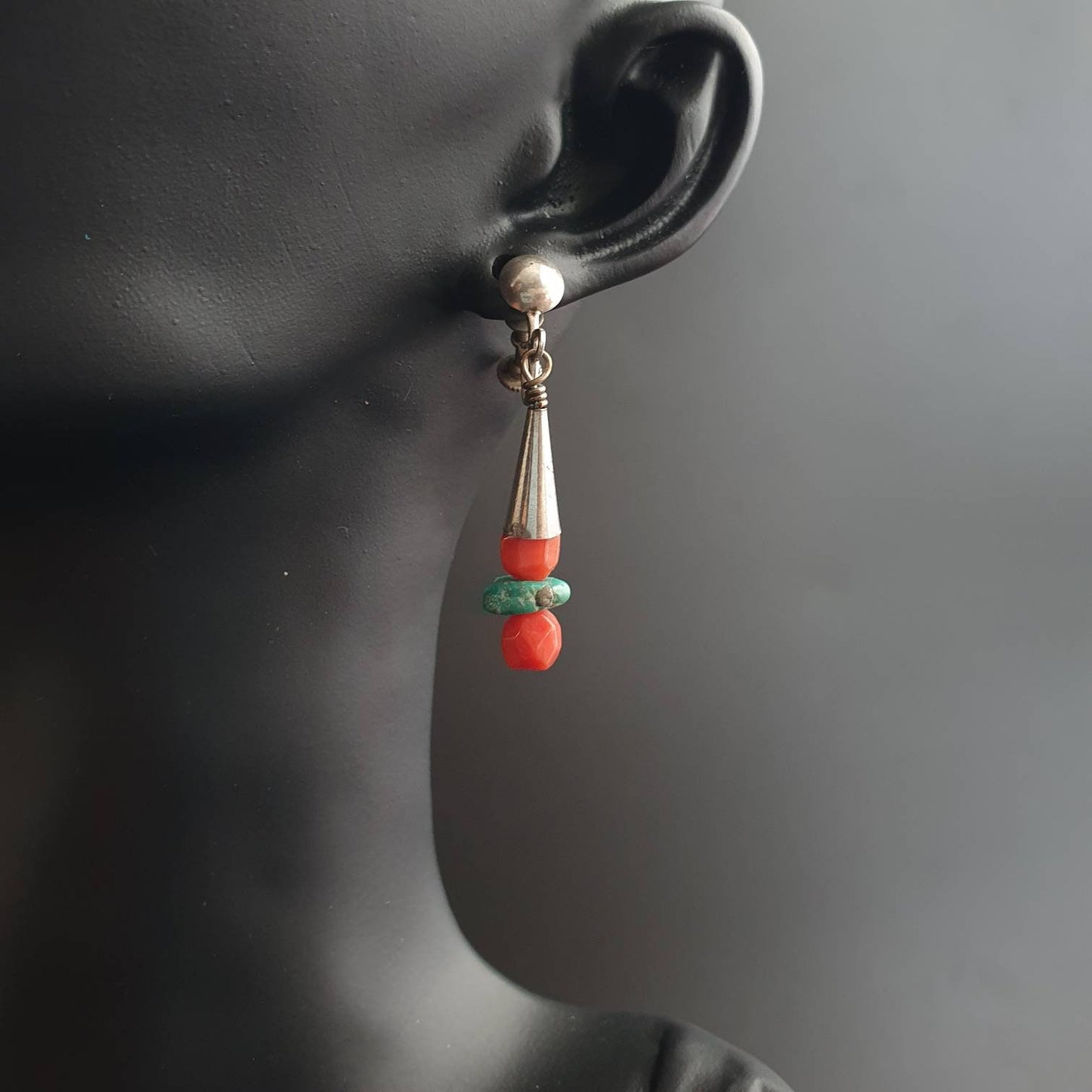 Dangle silver boho earrings, Round Bali earrings, gifts for her birthday gifts for her, ready to ship, Natural Gemstone Coral