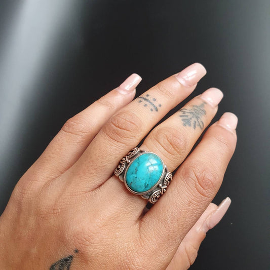 Chunky silver ring, Turquoise gemstone Statement ring, crown royal ring, sterling ring bohemian indi hippi ring, vintage turquoise