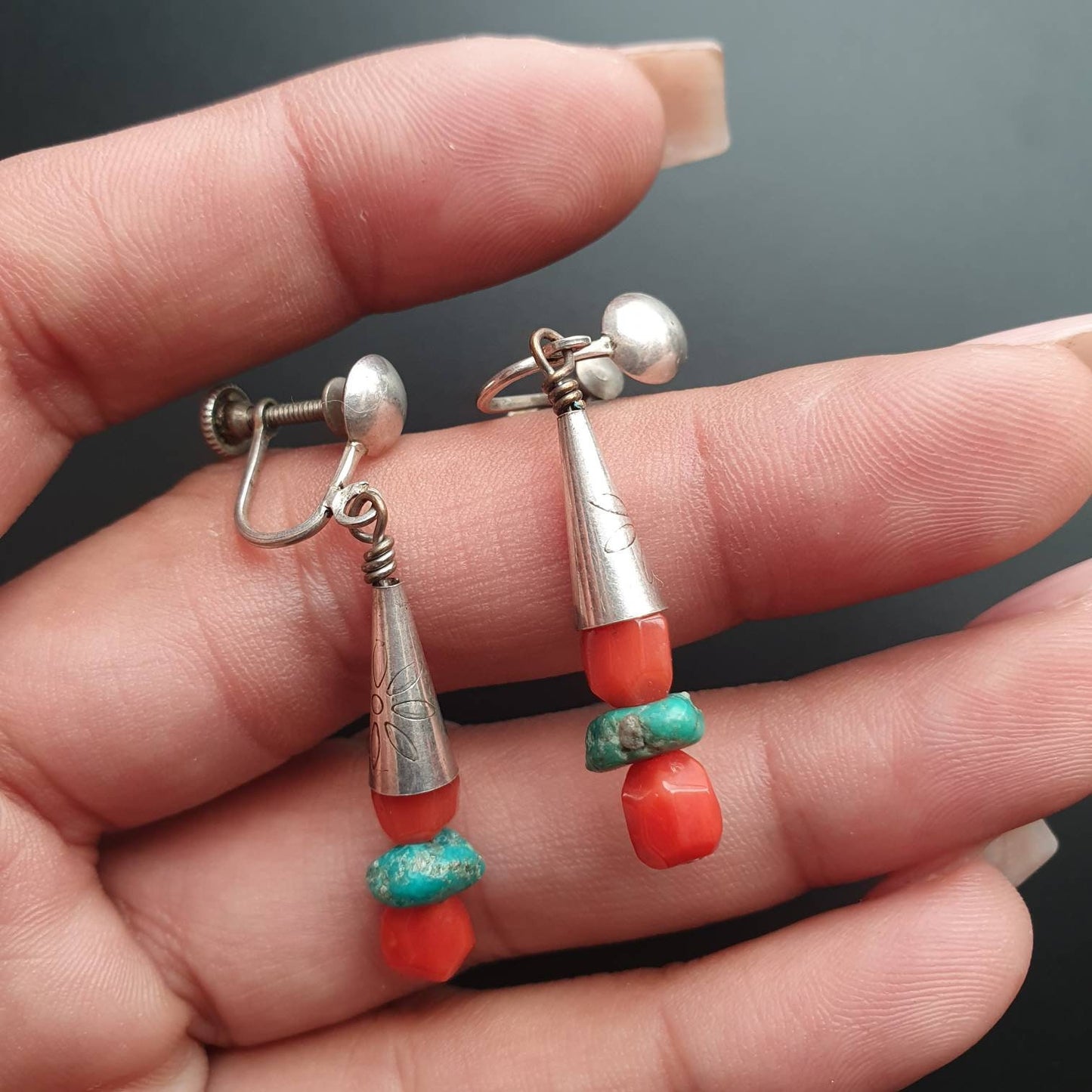 Dangle silver boho earrings, Round Bali earrings, gifts for her birthday gifts for her, ready to ship, Natural Gemstone Coral
