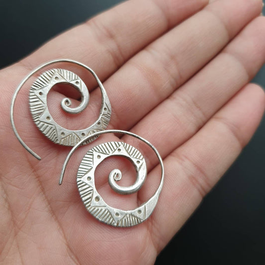 Statement Jumbo Hoop Swirl Earrings . Sterling Silver Big Hoops . Boho Chic Tribal Gypsie Jewellery . FREE SHIPPING