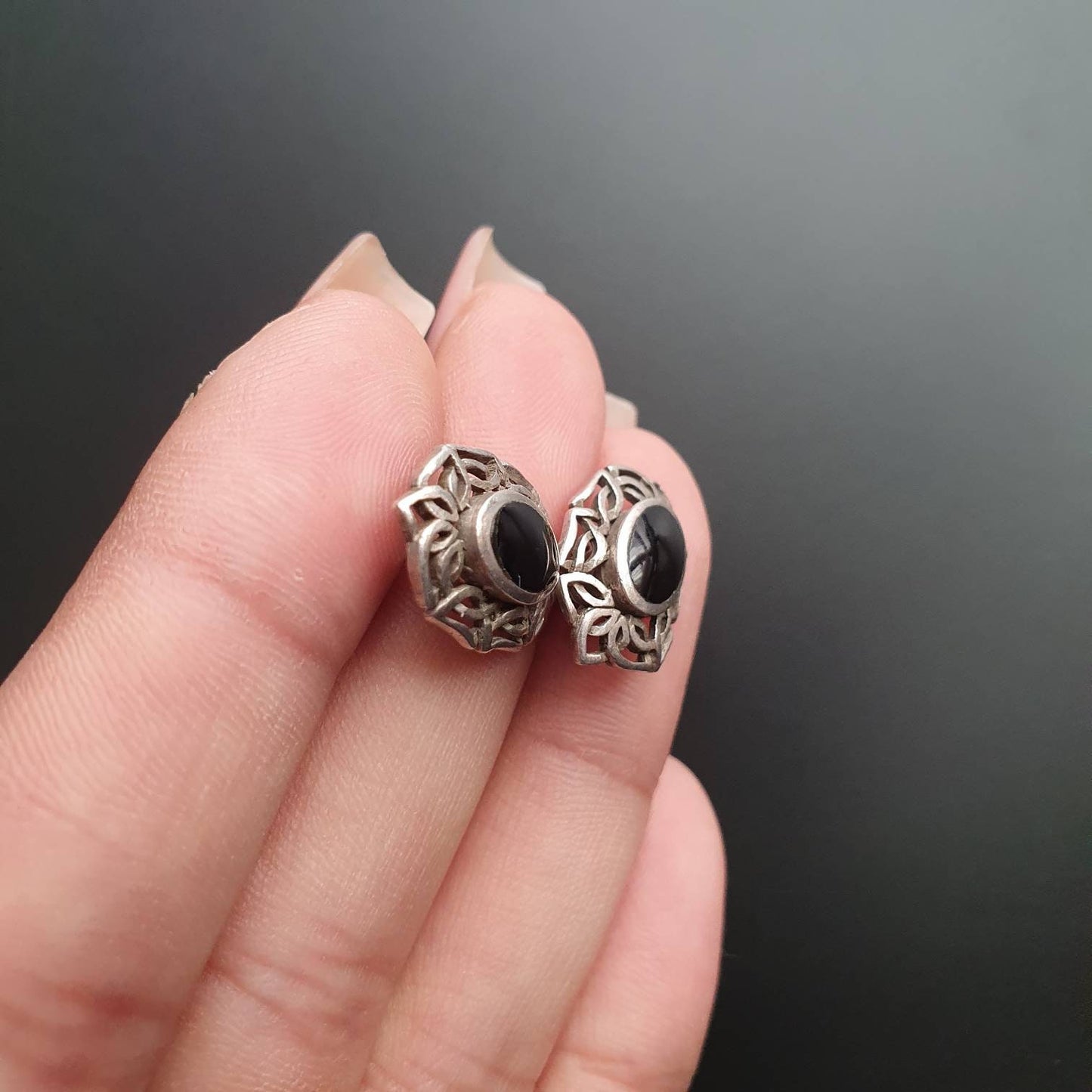 Studs, silver studs, silver earrings, statement stud earrings,  black onyx gemstone, Victorian earrings, classic gits,