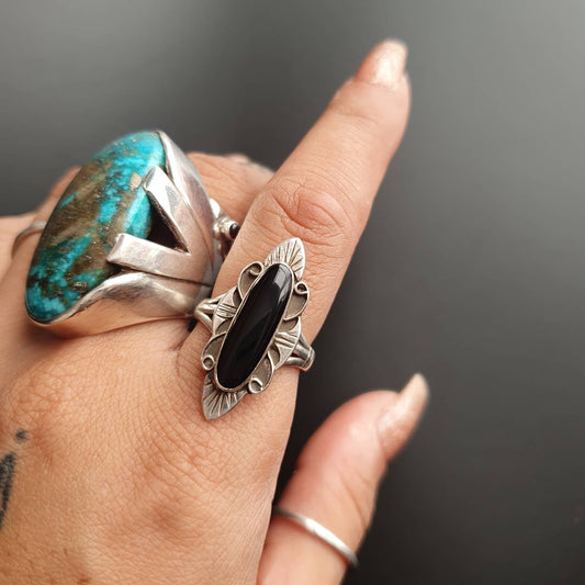 Sterling silver ring,onyx,ring, vintage, Navajo, jewellery,long ring, handmade, southwest, classical, gifts, witchy, antique, vintage ring