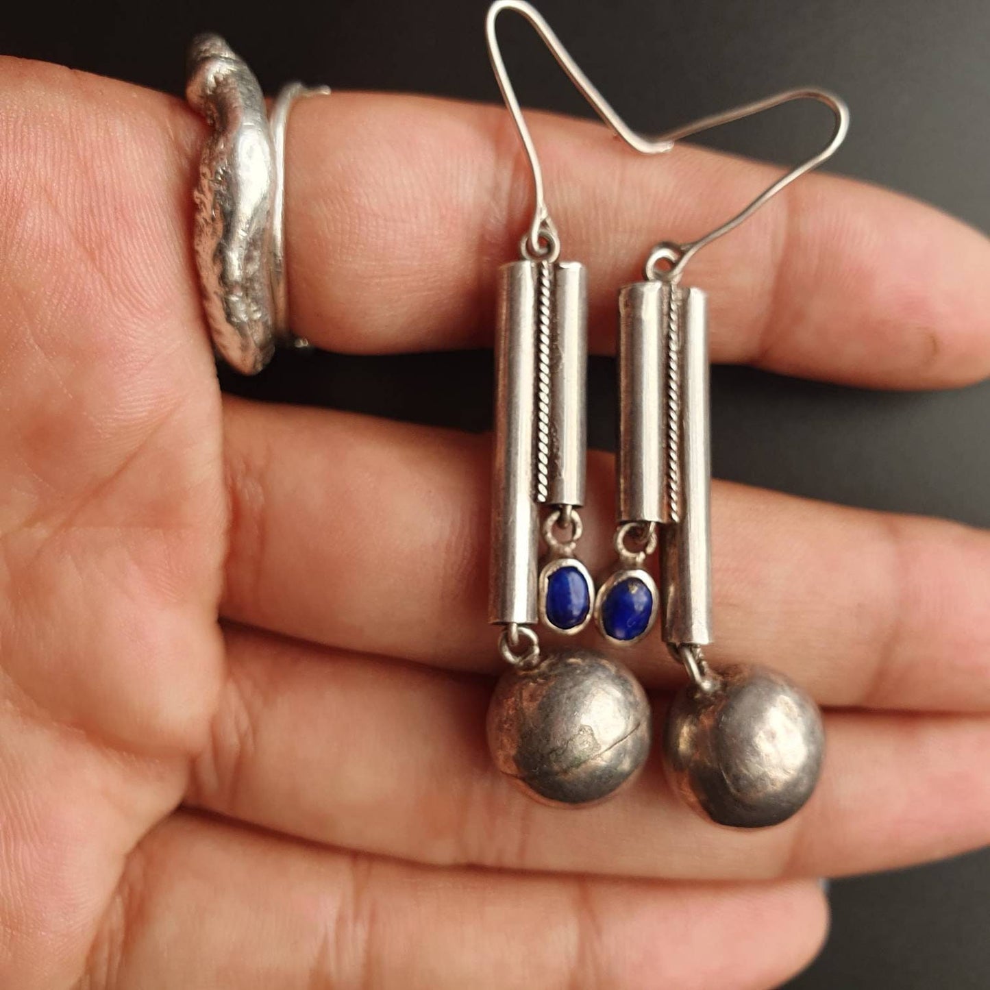 Vintage earrings,retro earrings, jewellery, handmade, sterling silver, gifts, unisex,lapis lazuli gemstone, dangle earrings.art deco, unique