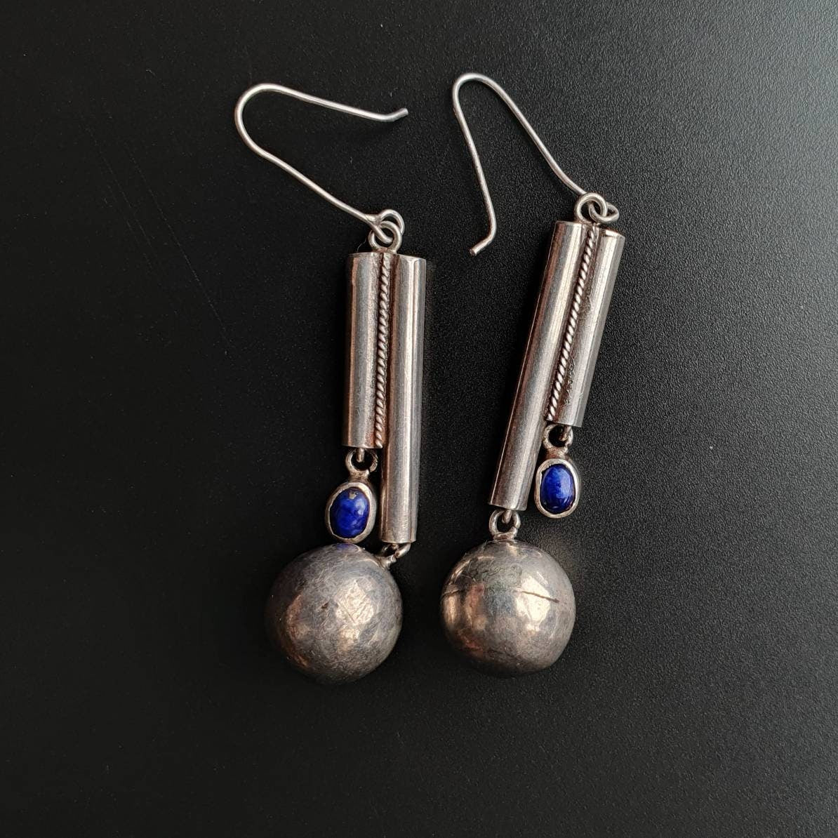 Vintage earrings,retro earrings, jewellery, handmade, sterling silver, gifts, unisex,lapis lazuli gemstone, dangle earrings.art deco, unique