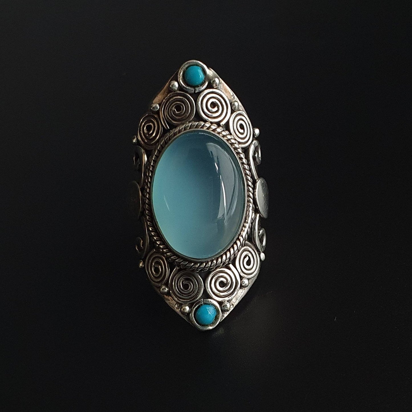 Silver ring, sterling, chalcedony,blue, filigree, authentic,rings, jewelry, gifts, vintage, handmade,luxury, fast shipping, exclusive,