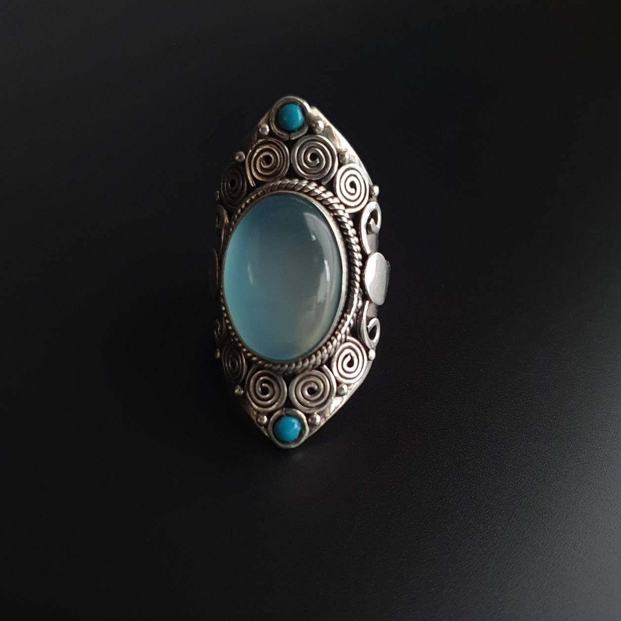 Silver ring, sterling, chalcedony,blue, filigree, authentic,rings, jewelry, gifts, vintage, handmade,luxury, fast shipping, exclusive,