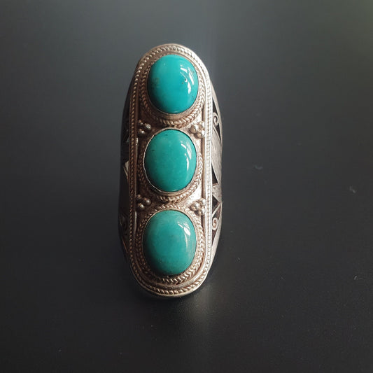 Boho ring, turquoise rings,long finger ring, statement ring, sterling silver, festival jewelry,free shipping, vintage handmade, ethnic ring,