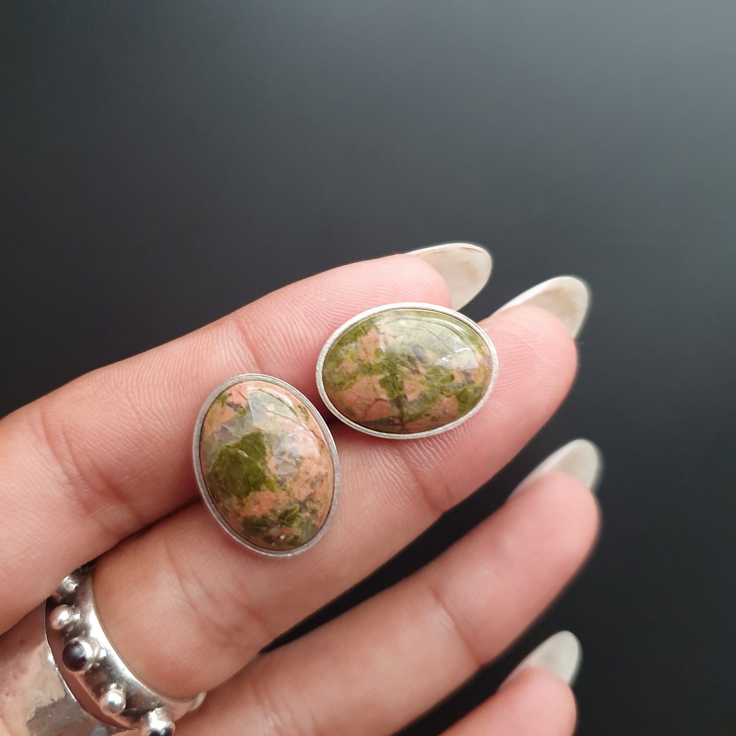 Stud earrings, unakite gemstone, sterling silver, oval,vintage jewelry, unique,gifts,classical, Victorian, dainty jewellery,handmade jewelry