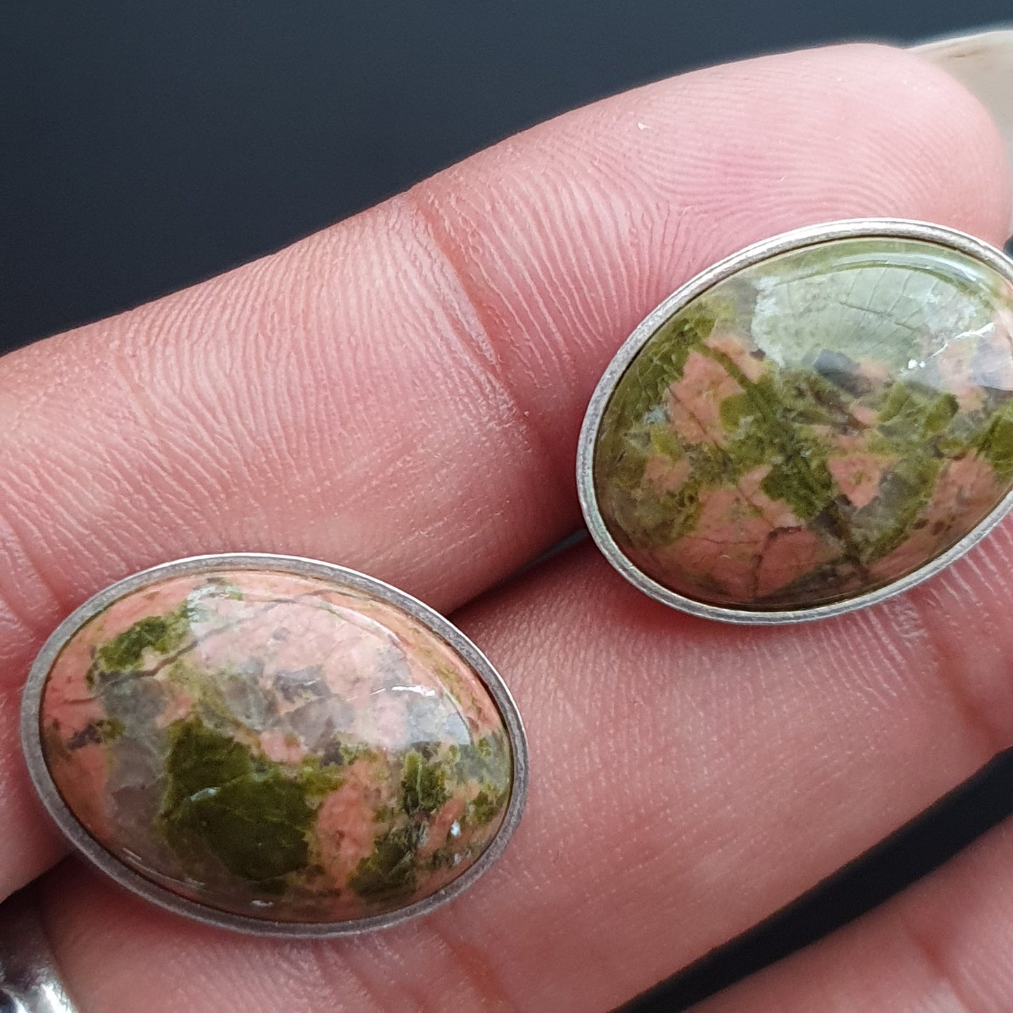 Stud earrings, unakite gemstone, sterling silver, oval,vintage jewelry, unique,gifts,classical, Victorian, dainty jewellery,handmade jewelry