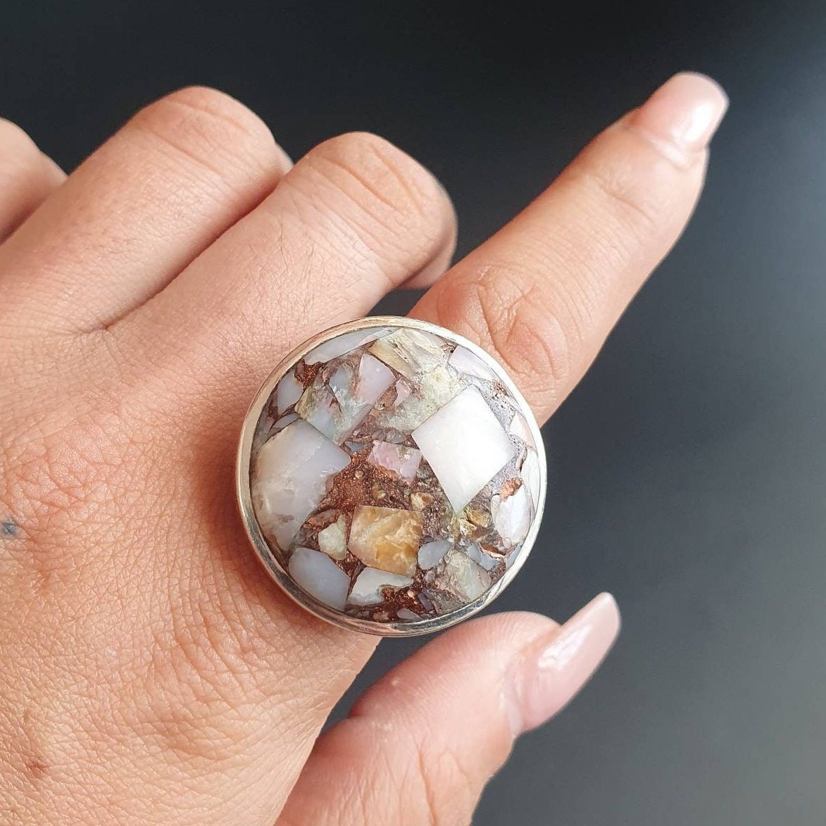 Mojave opal ring sterling silver Statement large semi precious gemstone unisex gifts for her, Natural raw healing properties mojave flame